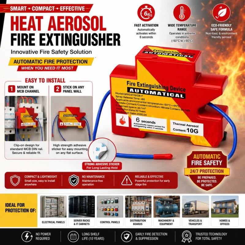 Heat Aerosol Fire Extinguishing Device – Din Rail Mounted Automatic Fire Suppression for Electrical Panels, Meter Box, MCB Box & Solar Distribution Box- Light