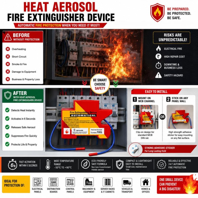 Heat Aerosol Fire Extinguishing Device – Din Rail Mounted Automatic Fire Suppression for Electrical Panels, Meter Box, MCB Box & Solar Distribution Box- Light