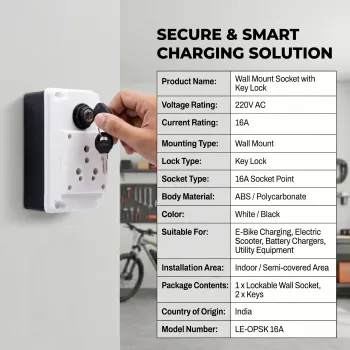 OPSK 16A, 220V Wall Mount Socket with Key Lock for E-Bike Charging, Electric Scooter Charging & Safe Power Supply Access | Lockable Charging Point for Home, Garage, Parking, Shop & Workshop