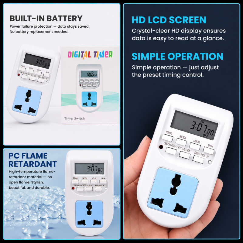 AL-06 Digital Timer Socket 10A 220V AC | Energy Saving Programmable Timer Plug | 16 ON/OFF Programs Per Day | Clock Time Based Automatic Timer Switch | Rechargeable Battery Backup