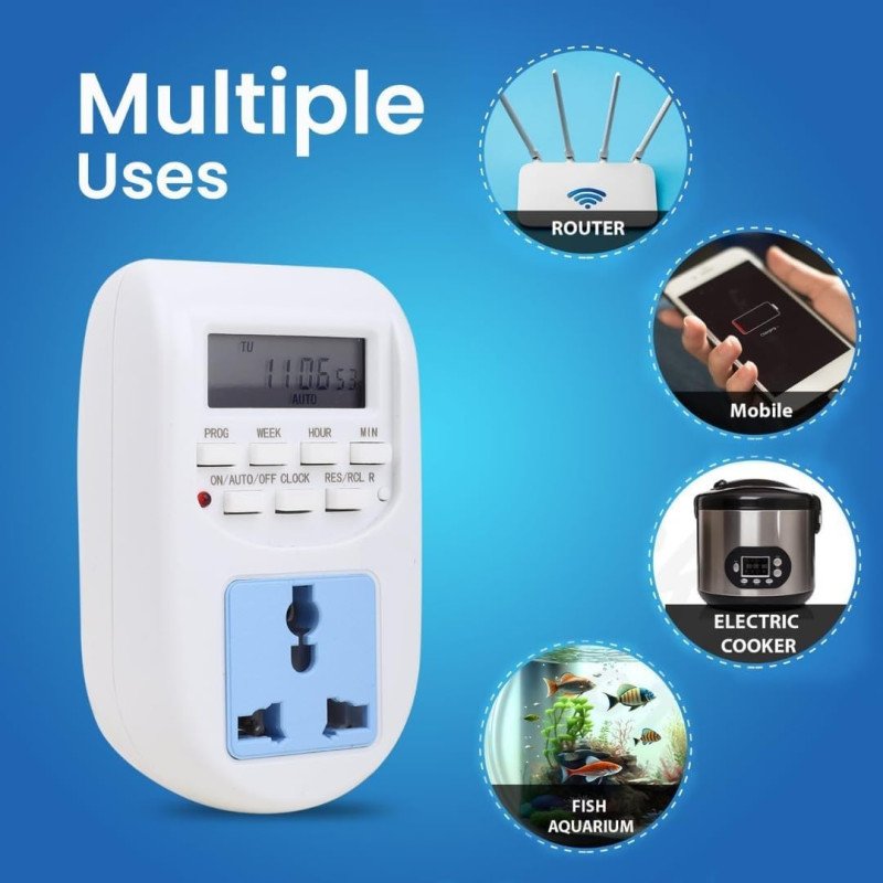 AL-06 Digital Timer Socket 10A 220V AC | Energy Saving Programmable Timer Plug | 16 ON/OFF Programs Per Day | Clock Time Based Automatic Timer Switch | Rechargeable Battery Backup