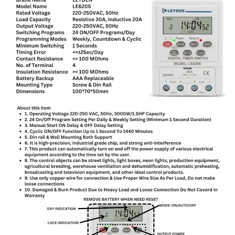LE620S Digital Timer Switch 220-250V AC 30A | 24 ON/OFF Programs Per Day | Weekly Timer, Cyclic Timer & Auto OFF | 1 Second Minimum Setting | AAA Replaceable Battery Backup | DIN Rail & Wall Mount | LCD Display