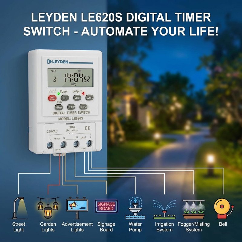 LE620S Digital Timer Switch 220-250V AC 30A | 24 ON/OFF Programs Per Day | Weekly Timer, Cyclic Timer & Auto OFF | 1 Second Minimum Setting | AAA Replaceable Battery Backup | DIN Rail & Wall Mount | LCD Display