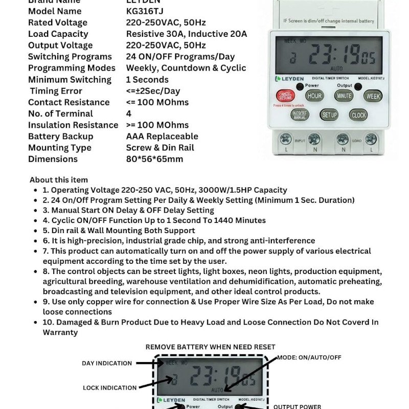 KG316TJ, 30A, 220/230VAC, 50Hz Digital Timer Switch for Electrical ON Off, 24 On Off Program Per Day, Manual Start ON-Off Delay & Cyclic Timer Switch