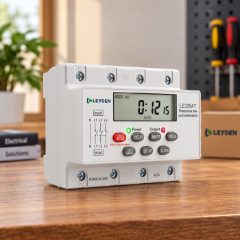 LE363AT 63A 380-440VAC Three Phase Digital Timer Switch, Real Clock Based 24 ON/OFF Programs/Day, Cyclic Timer 1 Sec-24 Hours ON/OFF, Auto OFF/ON Delay, Manual Start/Stop, DIN Rail Mount, LCD Display, Silicon Keypad