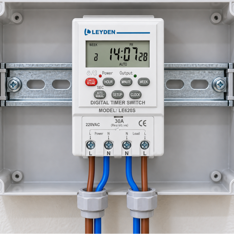 LE620S Digital Timer Switch 220-250V AC 30A | 24 ON/OFF Programs Per Day | Weekly Timer, Cyclic Timer & Auto OFF | 1 Second Minimum Setting | AAA Replaceable Battery Backup | DIN Rail & Wall Mount | LCD Display