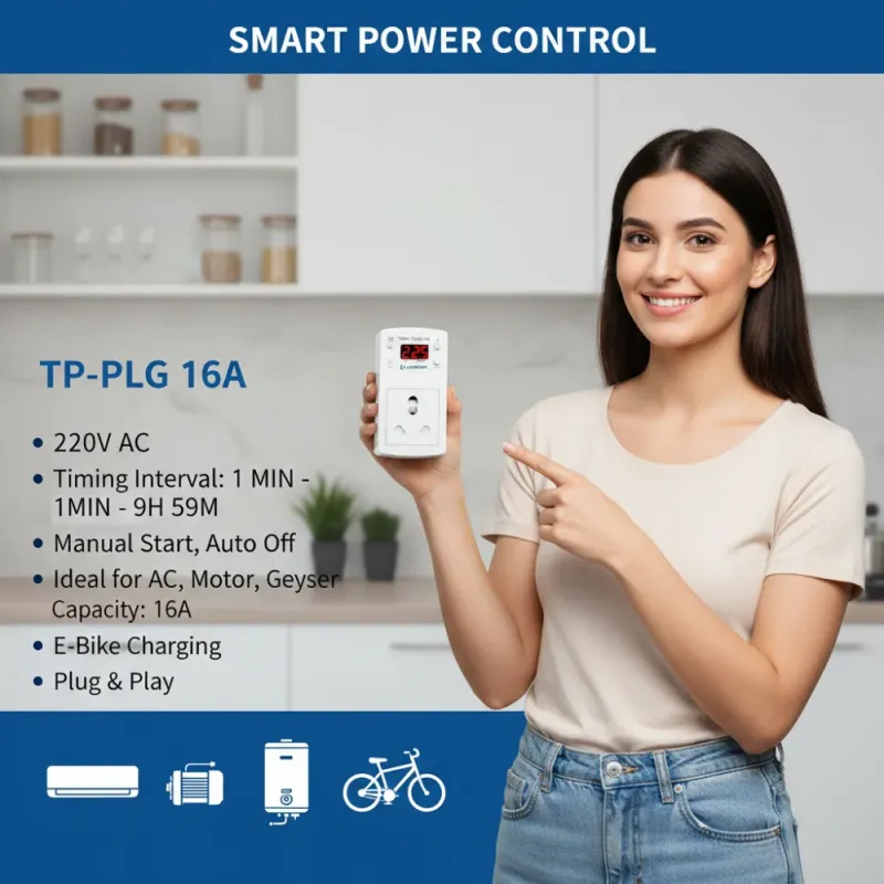 TP-PLG 16A 220VAC, 16A, Digital Coundown Automatic Off Plug Socket 1 Minute to 9 Hour 45 Minutes for Waterpump, Motor, AC, E-Bike, Gyser, Heater
