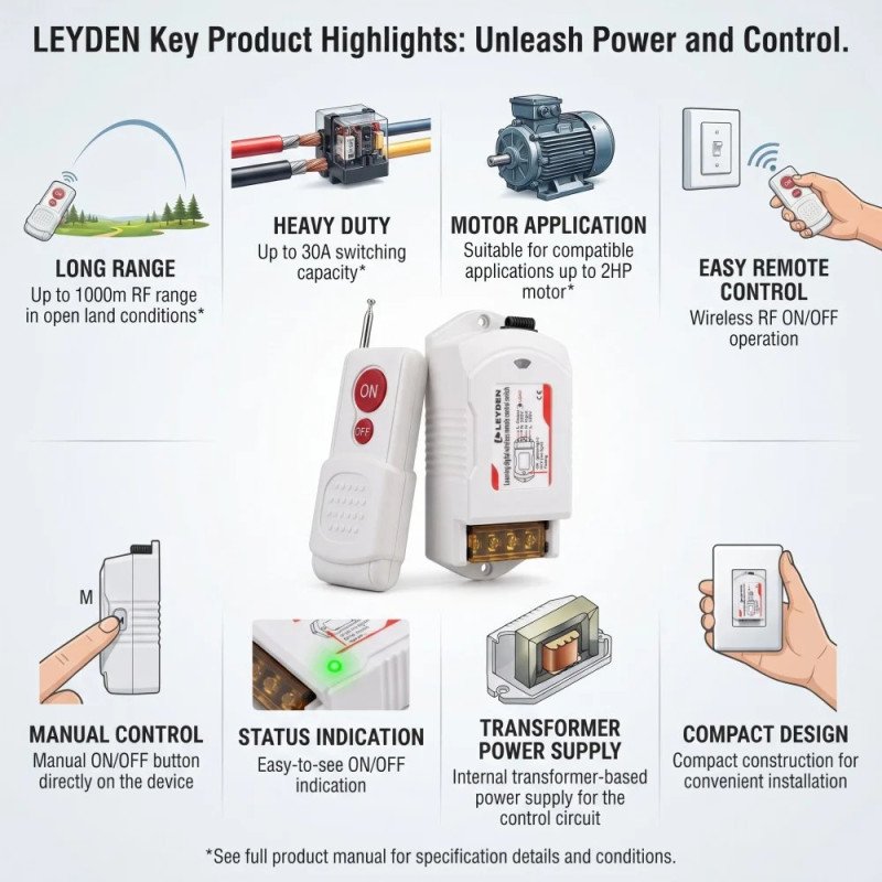 LE-RFC1KM 220VAC 30A RF Remote Control Switch up to 1000m Open Land Range, Heavy Duty Wireless ON/OFF Switch for 2HP Motor, Water Pump, Agriculture, Manual Button