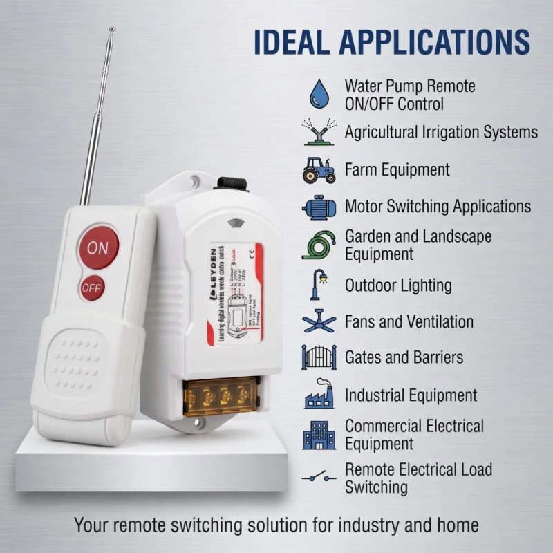 LE-RFC1KM 220VAC 30A RF Remote Control Switch up to 1000m Open Land Range, Heavy Duty Wireless ON/OFF Switch for 2HP Motor, Water Pump, Agriculture, Manual Button