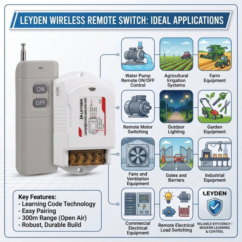 LE-RFC3KM 220VAC 30A RF Remote Control Switch up to 3000m Open Land Range, Heavy Duty Wireless ON/OFF Switch for 2HP Motor, Water Pump, Agriculture, Manual Button